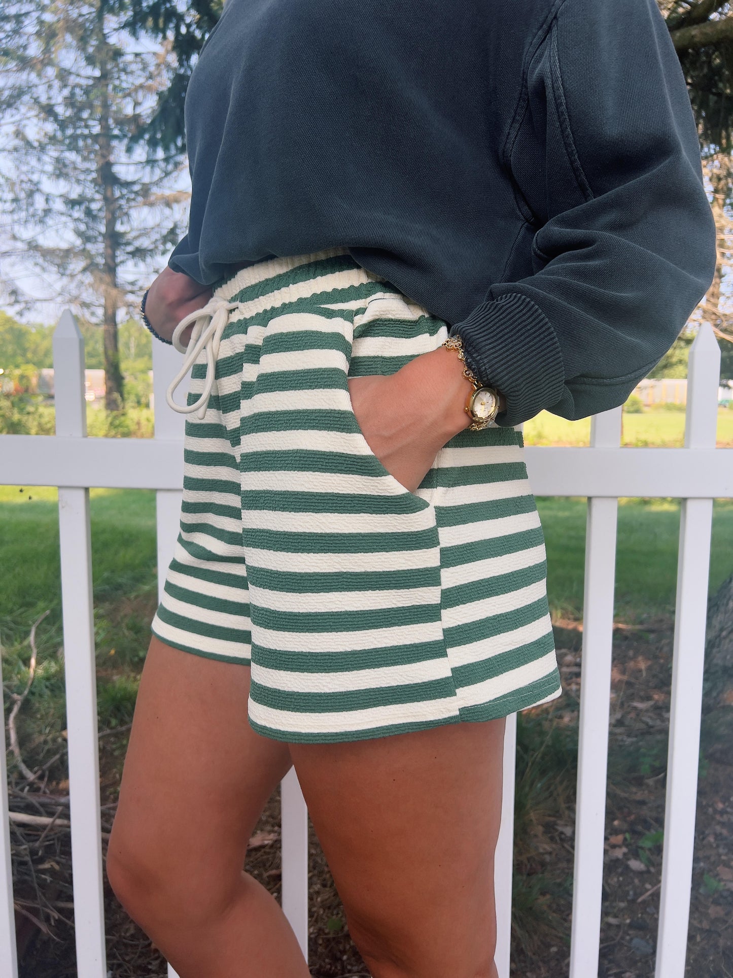 Olive Striped Sweat Shorts