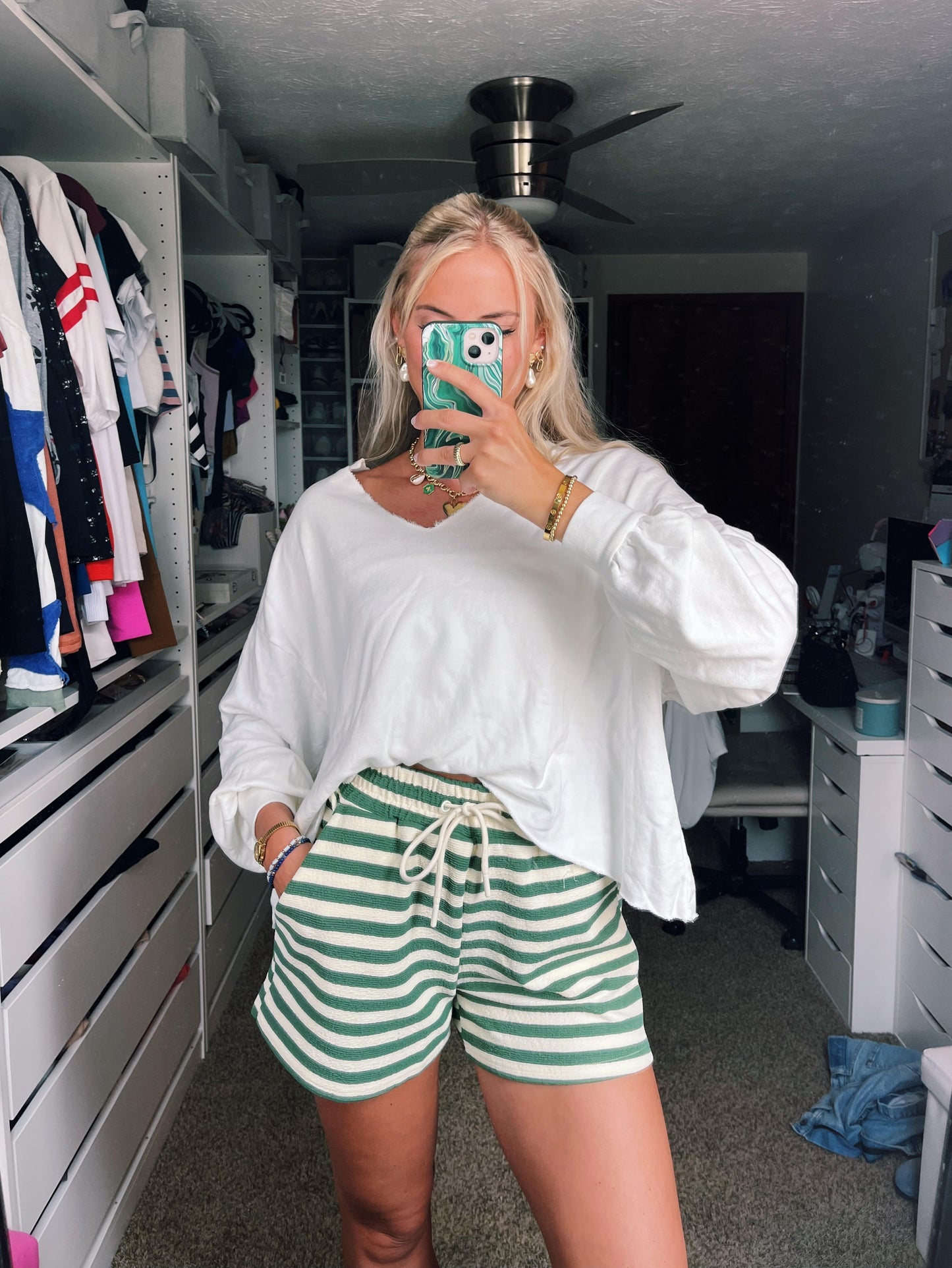 Olive Striped Sweat Shorts